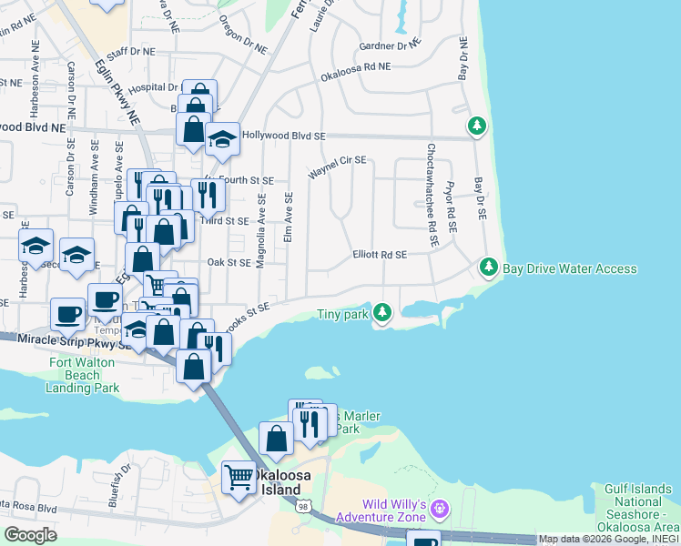 map of restaurants, bars, coffee shops, grocery stores, and more near 314 Elliott Road Southeast in Fort Walton Beach