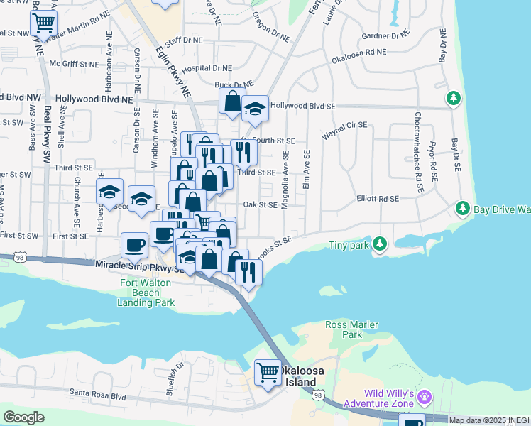 map of restaurants, bars, coffee shops, grocery stores, and more near 210 Oak Street Southeast in Fort Walton Beach