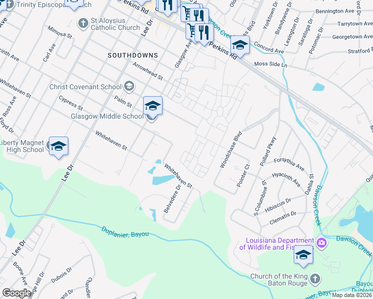 map of restaurants, bars, coffee shops, grocery stores, and more near 1700 Dauphine Street in Baton Rouge