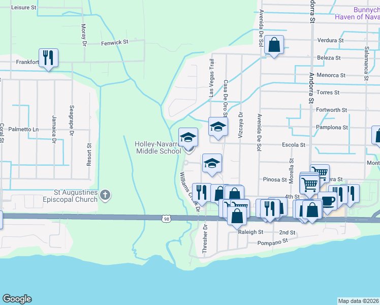 map of restaurants, bars, coffee shops, grocery stores, and more near 1976 Williams Creek Drive in Navarre