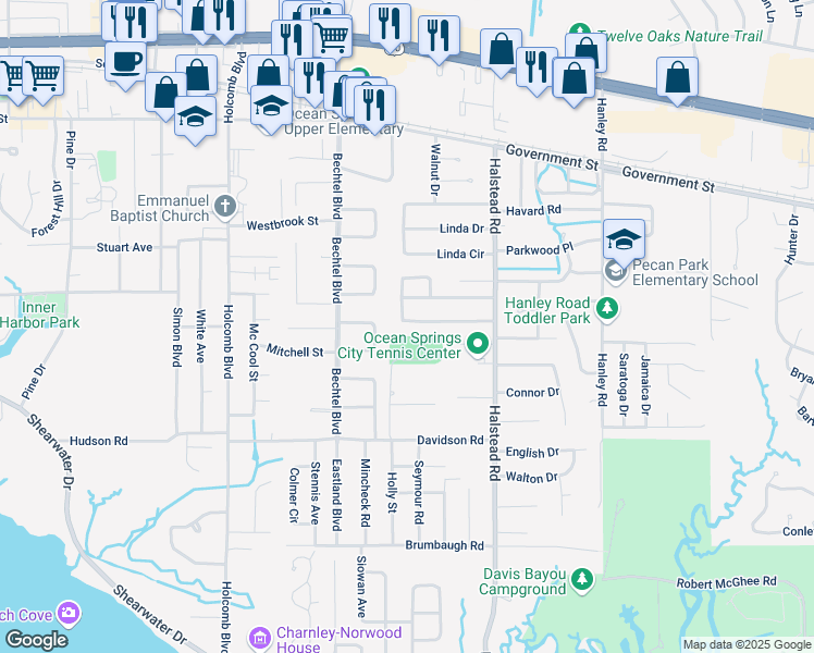map of restaurants, bars, coffee shops, grocery stores, and more near 232 Woodland Circle in Ocean Springs