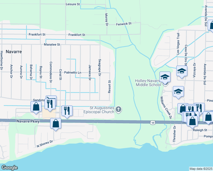 map of restaurants, bars, coffee shops, grocery stores, and more near 1971 Resort Street in Navarre