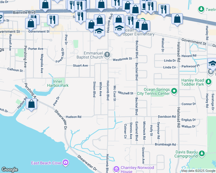 map of restaurants, bars, coffee shops, grocery stores, and more near 2198 Lafitte Avenue in Ocean Springs