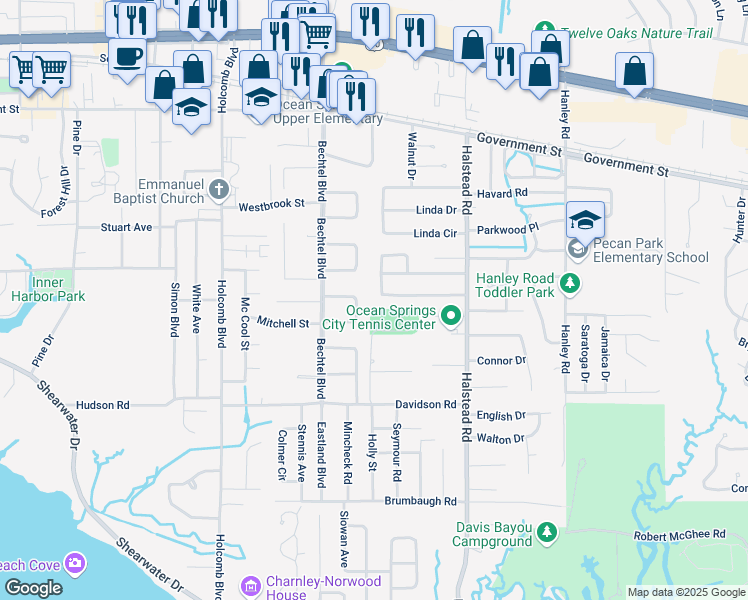 map of restaurants, bars, coffee shops, grocery stores, and more near 232 Woodland Cir in Ocean Springs