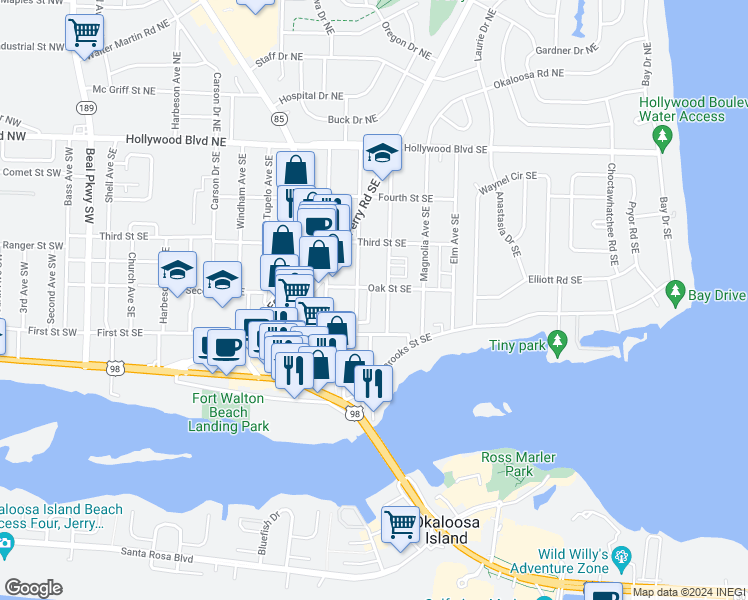 map of restaurants, bars, coffee shops, grocery stores, and more near 135 Scottwood Drive Southeast in Fort Walton Beach
