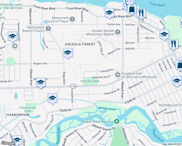 map of restaurants, bars, coffee shops, grocery stores, and more near 3340 Lansdell Drive in Jacksonville