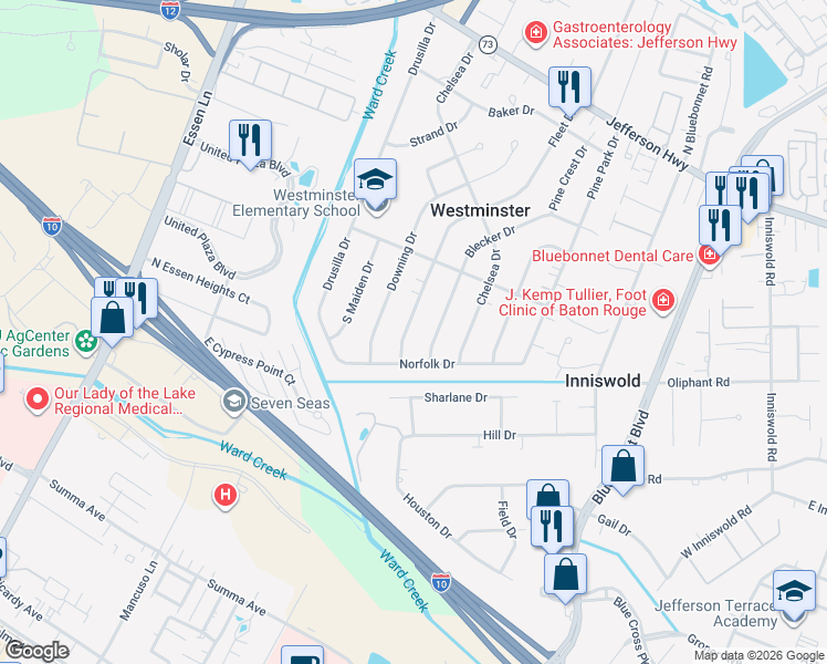 map of restaurants, bars, coffee shops, grocery stores, and more near 4663 Fleet Drive in Baton Rouge