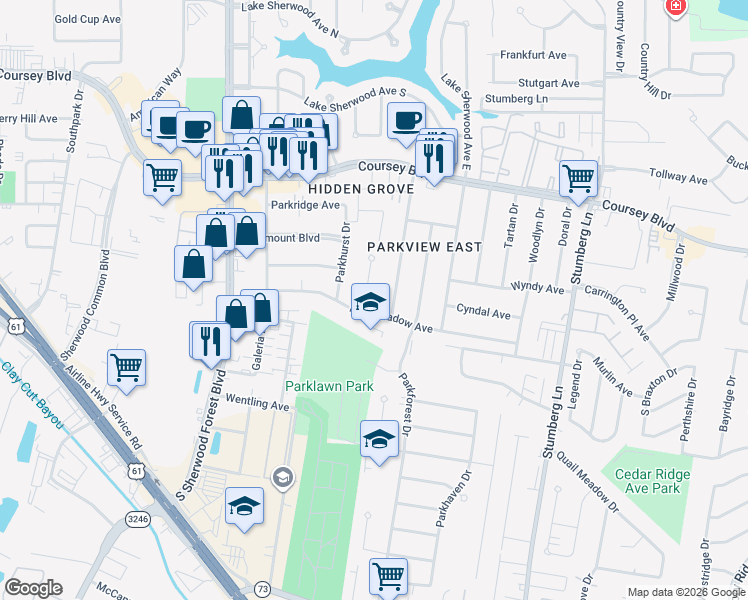 map of restaurants, bars, coffee shops, grocery stores, and more near 5027 Parkhollow Drive in Baton Rouge