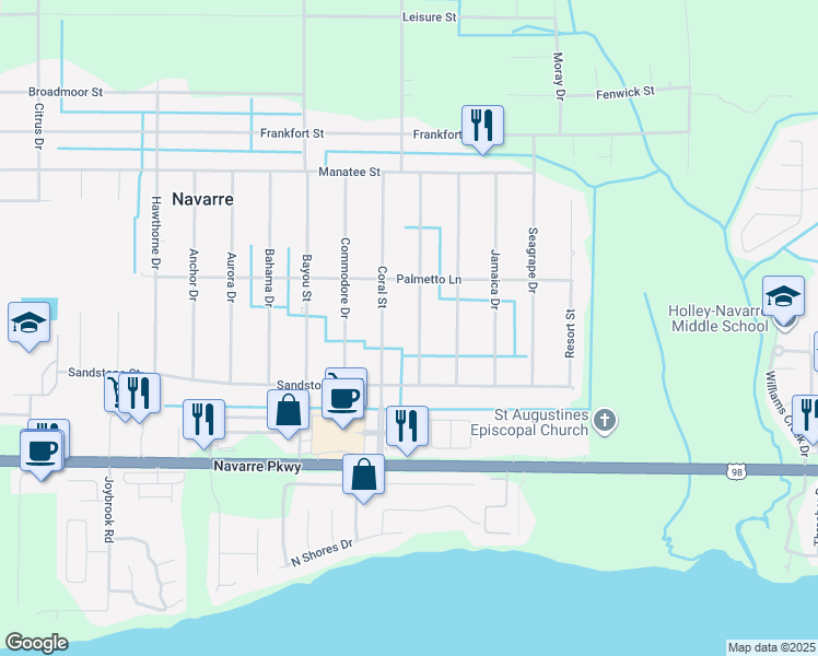map of restaurants, bars, coffee shops, grocery stores, and more near 1931 Everglades Street in Navarre