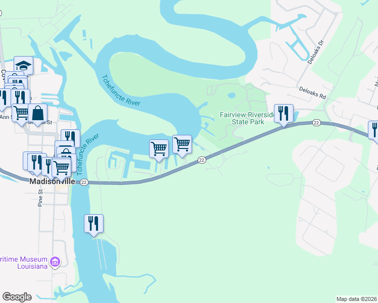 map of restaurants, bars, coffee shops, grocery stores, and more near 177 Louisiana 22 in Madisonville