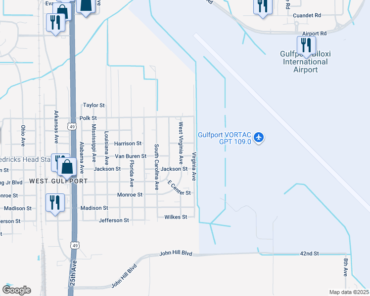 map of restaurants, bars, coffee shops, grocery stores, and more near 8298 West Virginia Avenue in Gulfport