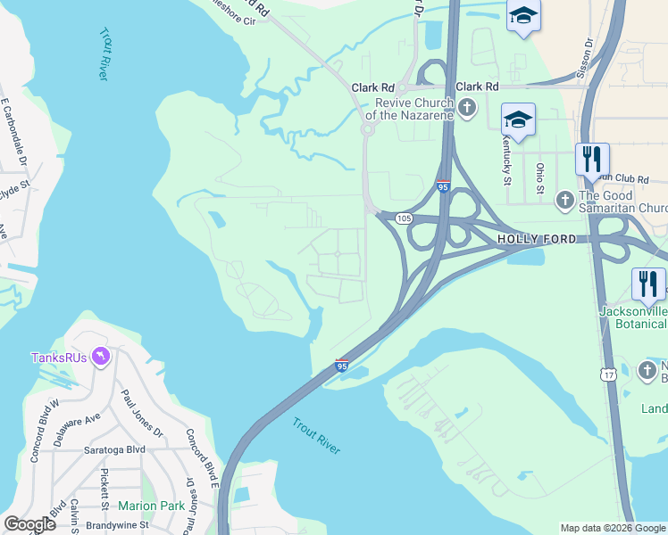 map of restaurants, bars, coffee shops, grocery stores, and more near 900-2 Broward Ap in Jacksonville