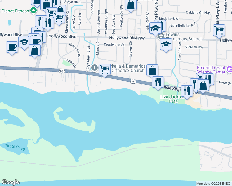 map of restaurants, bars, coffee shops, grocery stores, and more near 801 Miracle Strip Parkway in Mary Esther