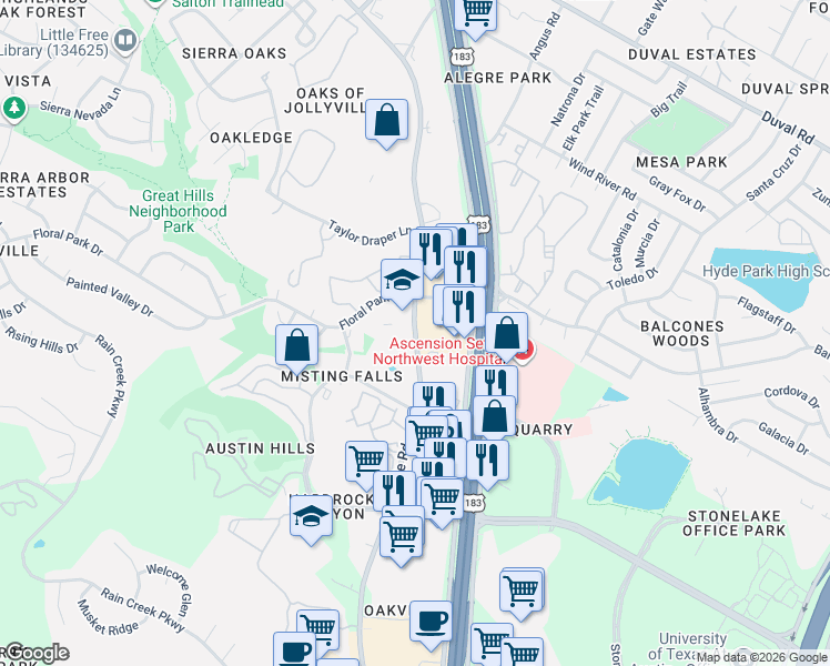 map of restaurants, bars, coffee shops, grocery stores, and more near Jollyville Road in Austin