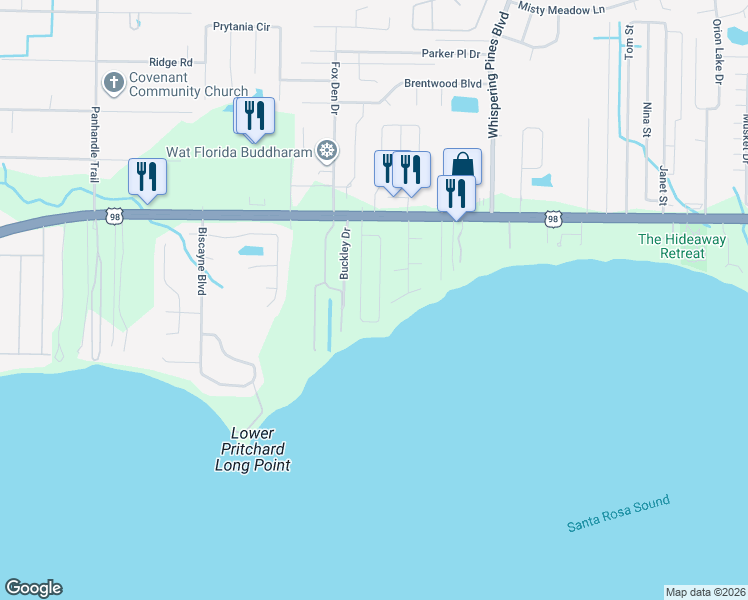 map of restaurants, bars, coffee shops, grocery stores, and more near 1988 Jessica Way in Navarre