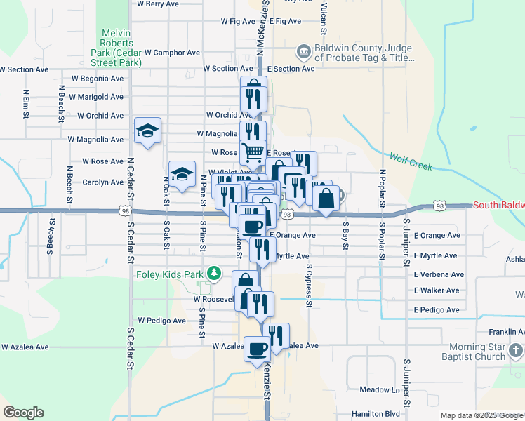 map of restaurants, bars, coffee shops, grocery stores, and more near in Foley
