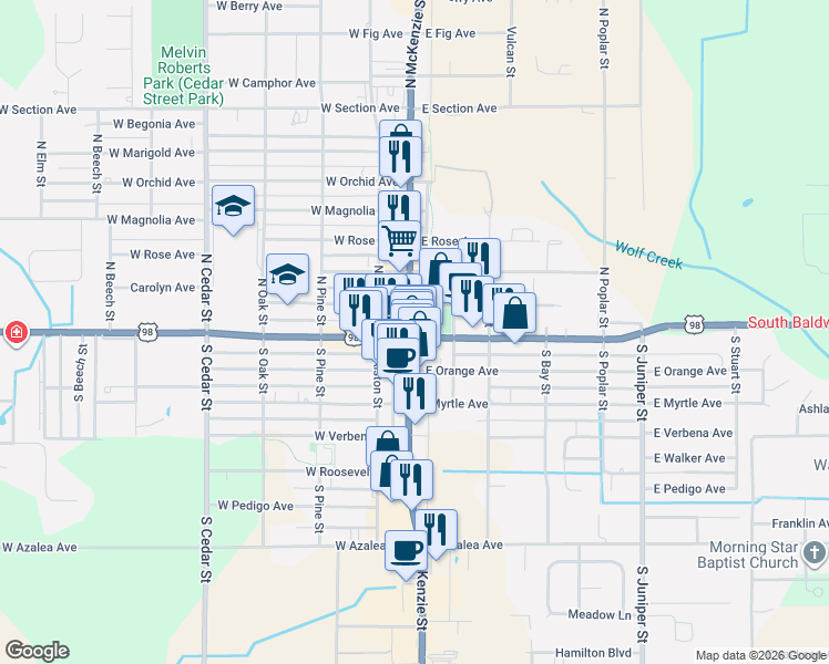 map of restaurants, bars, coffee shops, grocery stores, and more near in Foley