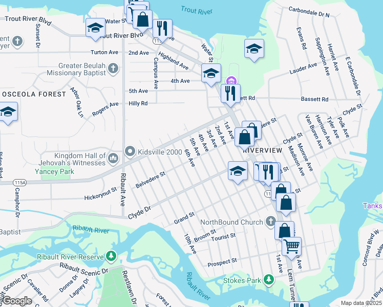 map of restaurants, bars, coffee shops, grocery stores, and more near 9217 6th Avenue in Jacksonville