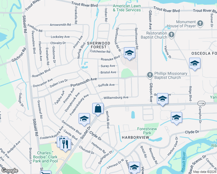 map of restaurants, bars, coffee shops, grocery stores, and more near 4644 Suffolk Avenue in Jacksonville