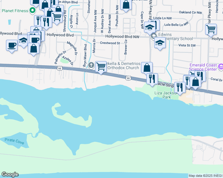 map of restaurants, bars, coffee shops, grocery stores, and more near 801 Miracle Strip Parkway in Mary Esther