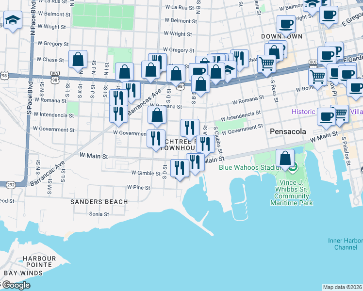 map of restaurants, bars, coffee shops, grocery stores, and more near 960 West Zarragossa Street in Pensacola
