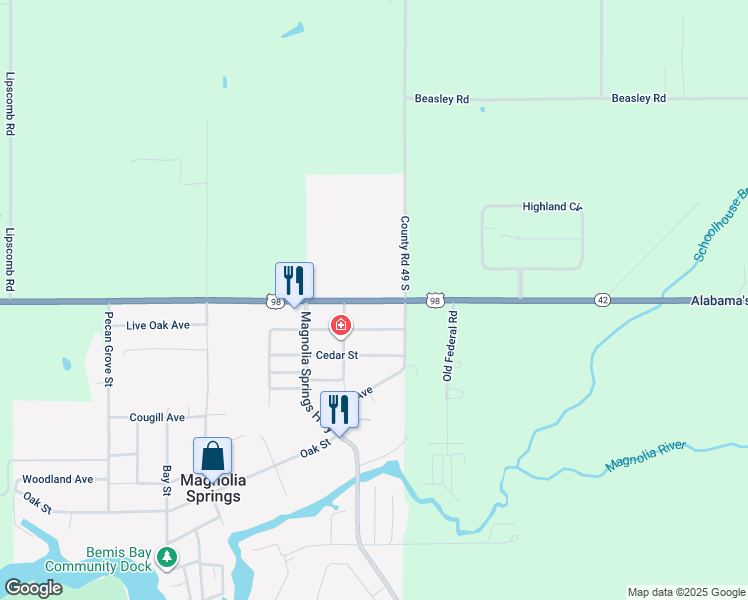 map of restaurants, bars, coffee shops, grocery stores, and more near 14822-14998 County Road 49 in Foley