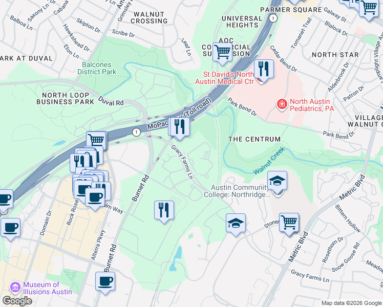map of restaurants, bars, coffee shops, grocery stores, and more near 2600 Gracy Farms Lane in Austin