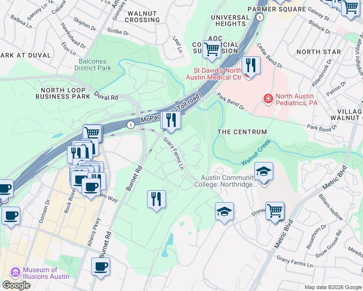 map of restaurants, bars, coffee shops, grocery stores, and more near 2600 Gracy Farms Lane in Austin