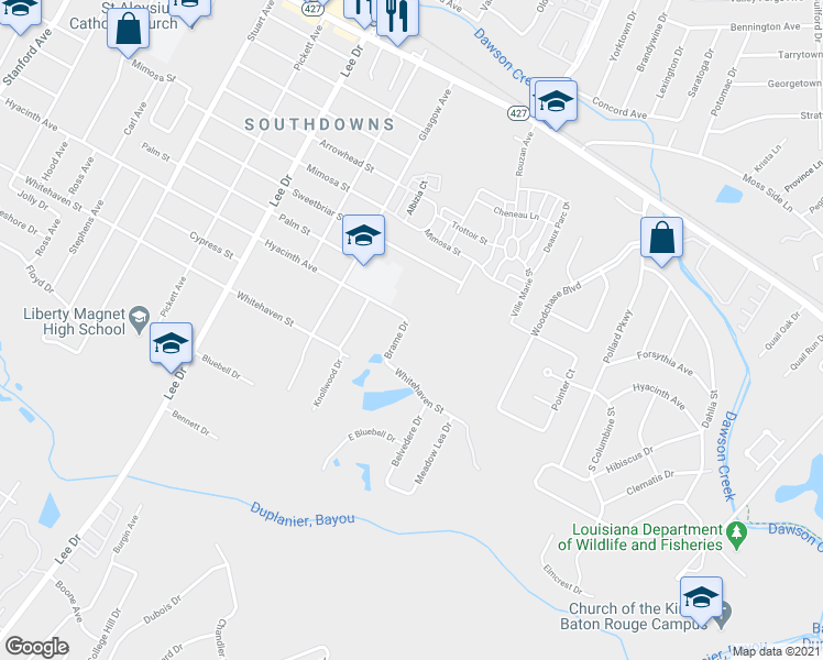 map of restaurants, bars, coffee shops, grocery stores, and more near 1586 Brame Dr in Baton Rouge