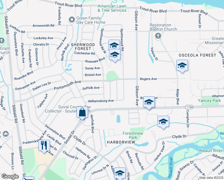 map of restaurants, bars, coffee shops, grocery stores, and more near 9203 Fitzwalter Road in Jacksonville