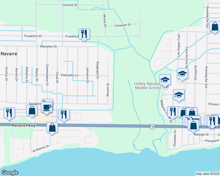 map of restaurants, bars, coffee shops, grocery stores, and more near 1971 Resort Street in Navarre