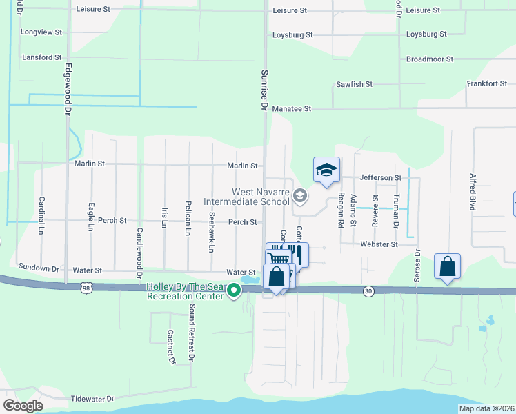 map of restaurants, bars, coffee shops, grocery stores, and more near 1921 Sunrise Drive in Navarre
