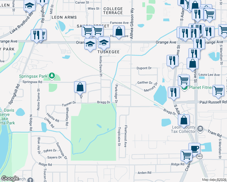 map of restaurants, bars, coffee shops, grocery stores, and more near 3104 Parkridge Drive in Tallahassee