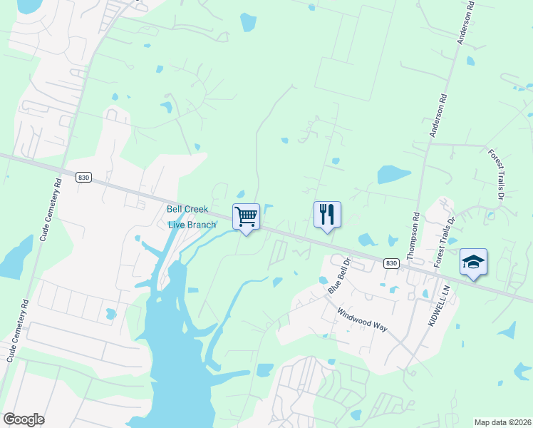 map of restaurants, bars, coffee shops, grocery stores, and more near 12152 Farm to Market Road 830 in Willis