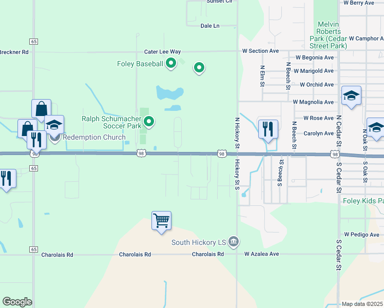 map of restaurants, bars, coffee shops, grocery stores, and more near 1199 Highway 42 in Foley