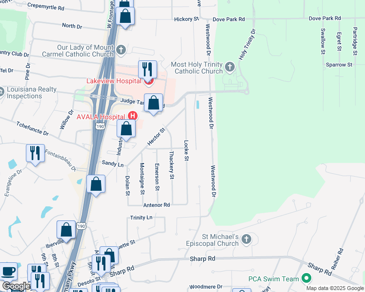 map of restaurants, bars, coffee shops, grocery stores, and more near 67201 Locke Street in Mandeville
