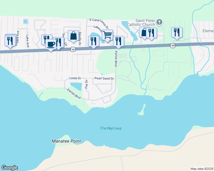 map of restaurants, bars, coffee shops, grocery stores, and more near 568 Rough Leaf Lane in Mary Esther