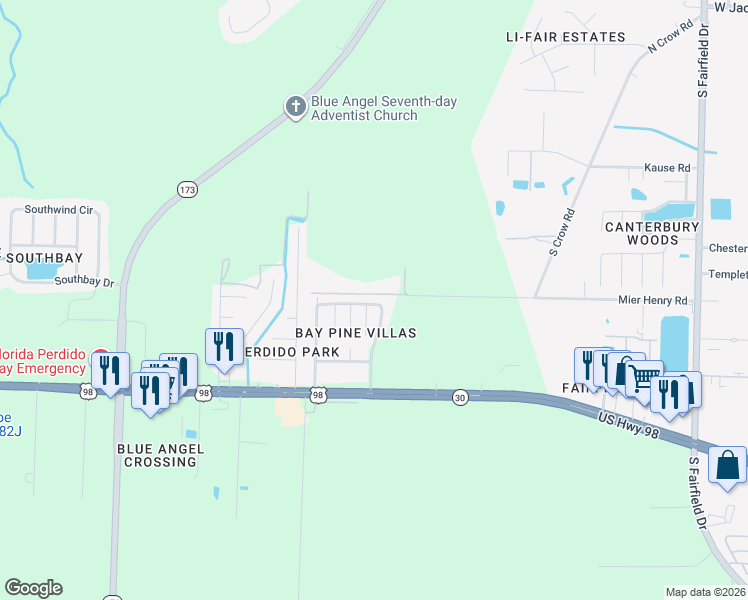 map of restaurants, bars, coffee shops, grocery stores, and more near 458 Bay Pine Villas Drive in Pensacola