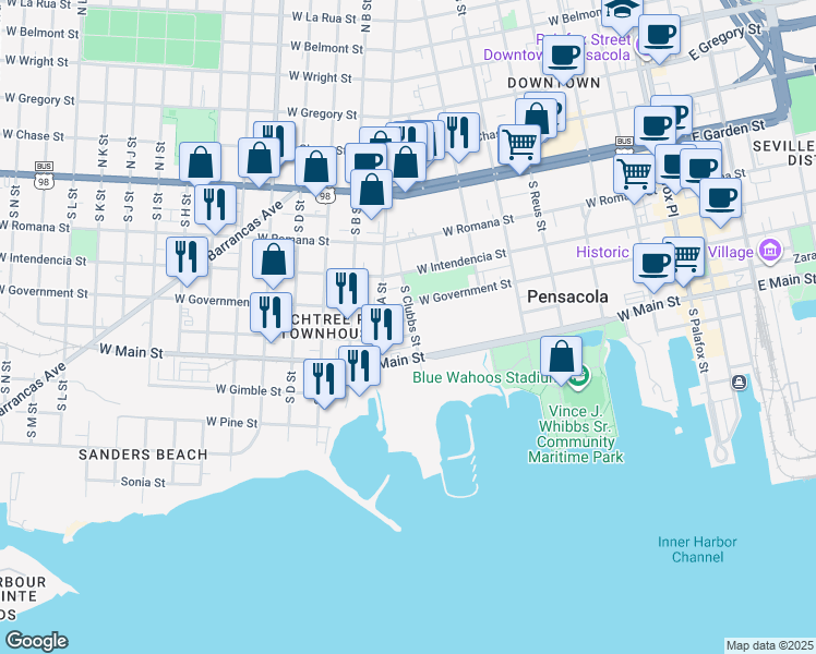 map of restaurants, bars, coffee shops, grocery stores, and more near 702 West Zarragossa Street in Pensacola