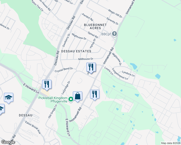map of restaurants, bars, coffee shops, grocery stores, and more near 13905 Hymill Drive in Pflugerville