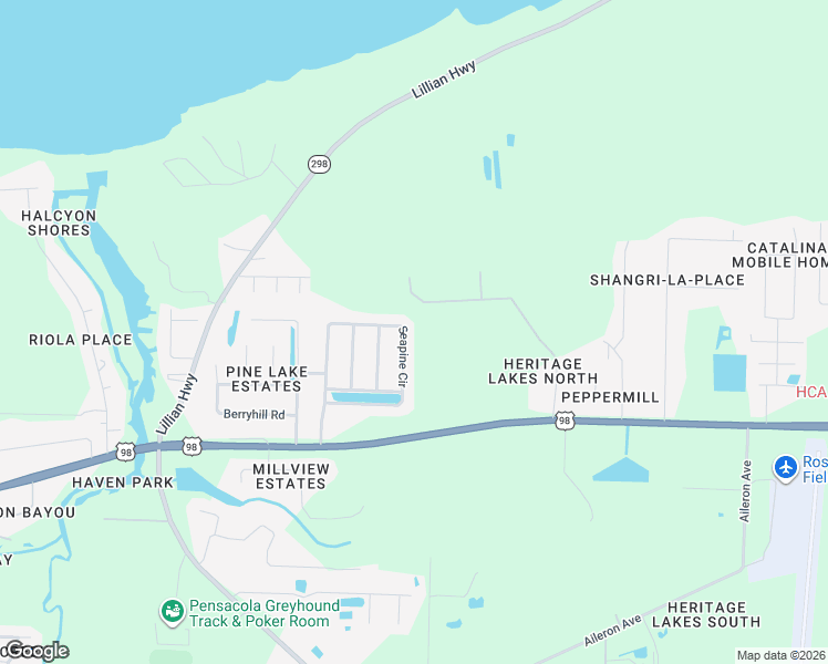 map of restaurants, bars, coffee shops, grocery stores, and more near 595 Seapine Circle in Pensacola