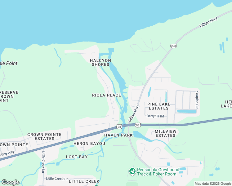 map of restaurants, bars, coffee shops, grocery stores, and more near 560 Riola Place in Pensacola