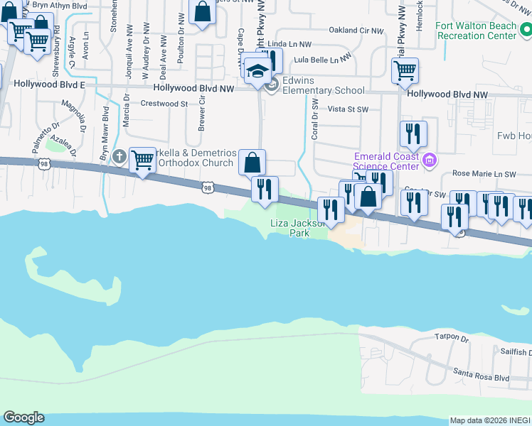 map of restaurants, bars, coffee shops, grocery stores, and more near 348 Miracle Strip Parkway Southwest in Fort Walton Beach