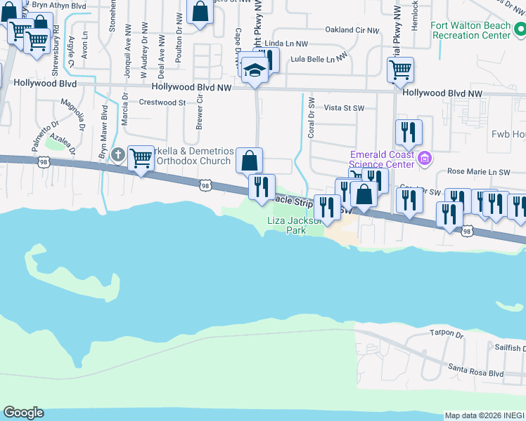 map of restaurants, bars, coffee shops, grocery stores, and more near 348 Miracle Strip Parkway Southwest in Fort Walton Beach
