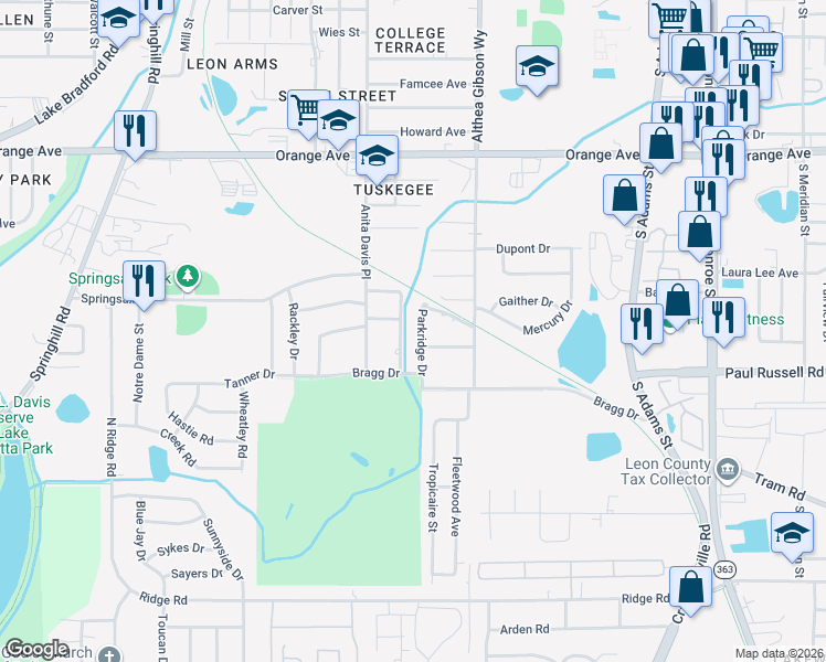 map of restaurants, bars, coffee shops, grocery stores, and more near 3104 Parkridge Drive in Tallahassee
