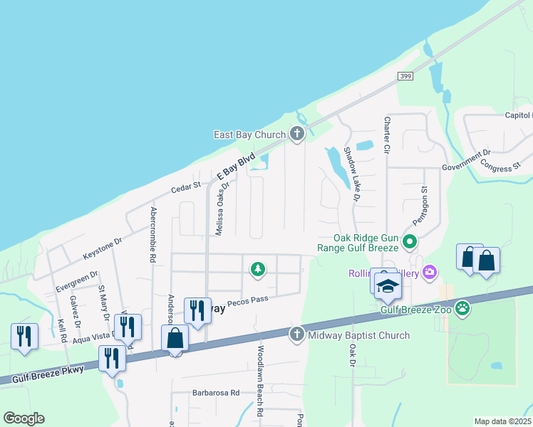 map of restaurants, bars, coffee shops, grocery stores, and more near 1904 Bay Pine Circle in Gulf Breeze