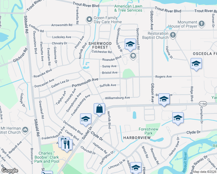 map of restaurants, bars, coffee shops, grocery stores, and more near 4644 Suffolk Avenue in Jacksonville
