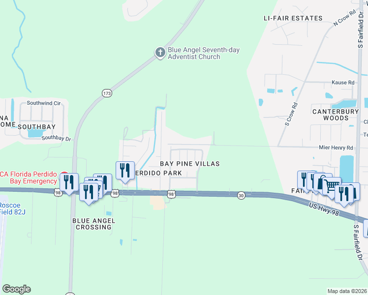 map of restaurants, bars, coffee shops, grocery stores, and more near 426 Bay Pine Villas Drive in Pensacola
