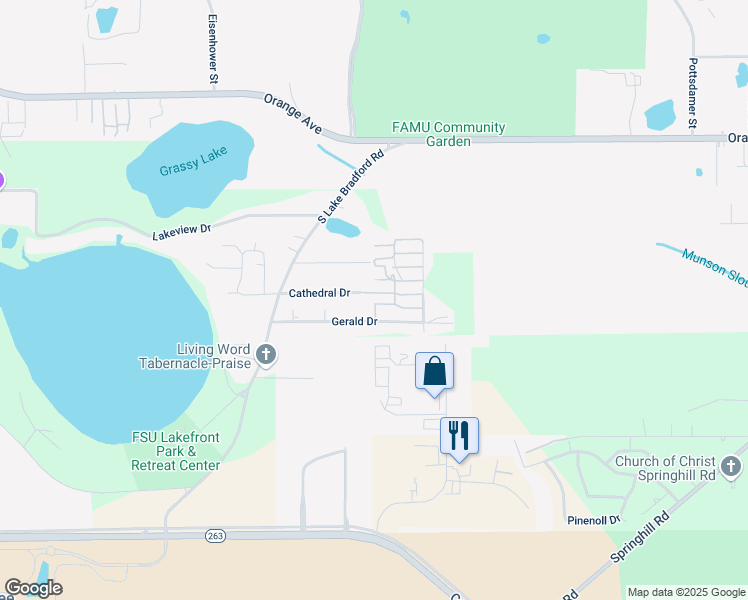 map of restaurants, bars, coffee shops, grocery stores, and more near 2775 Cathedral Drive in Tallahassee