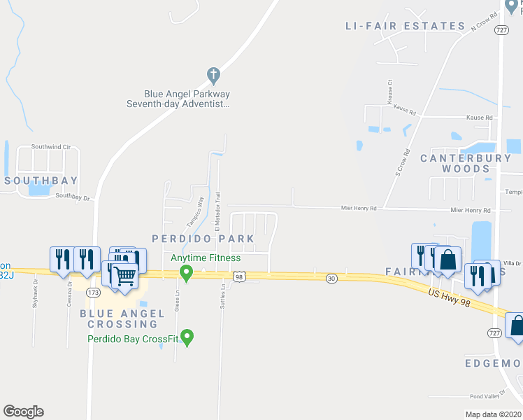 map of restaurants, bars, coffee shops, grocery stores, and more near 442 Bay Pine Villas Drive in Pensacola